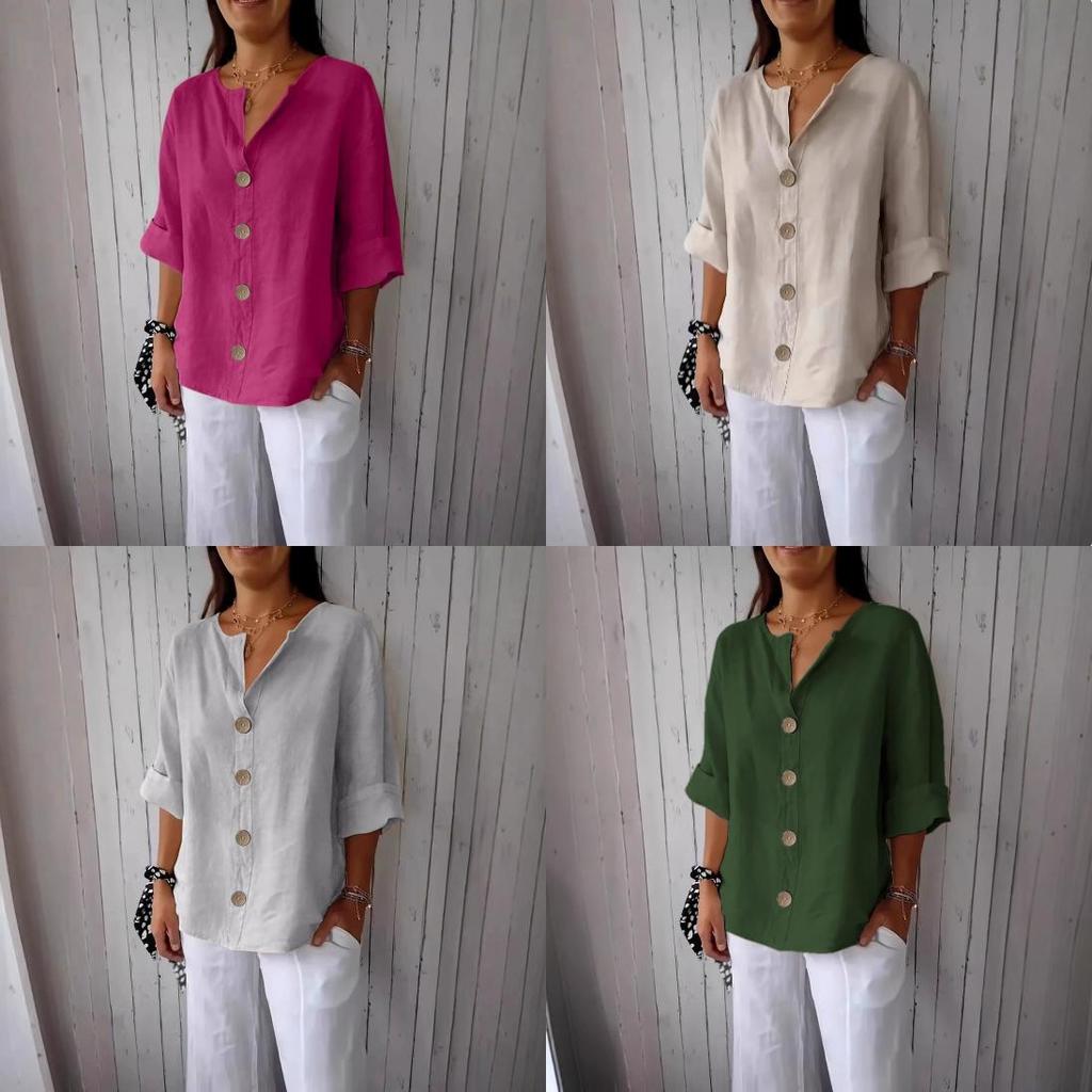 Linen Cotton Buttonup Shirt For Women With Loose Fit And Mandarin Collar For Casual Summer Wear