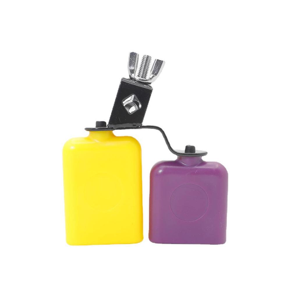 Orff Percussion Rack: Yellow & Purple Drum Wood Blocks, Wooden Fish Blocks, Plastic Blocks, Cowbells - High/Low Pitch