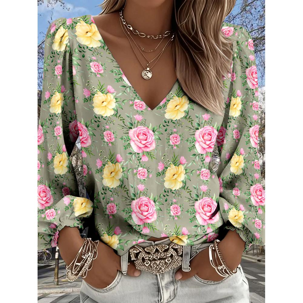 Lady Bohemian Retro Western Style V-Neck Shirt - Lantern Sleeve, Suitable for Spring and Summer Vacations, Casual Attire and Bohemian Style Wearing