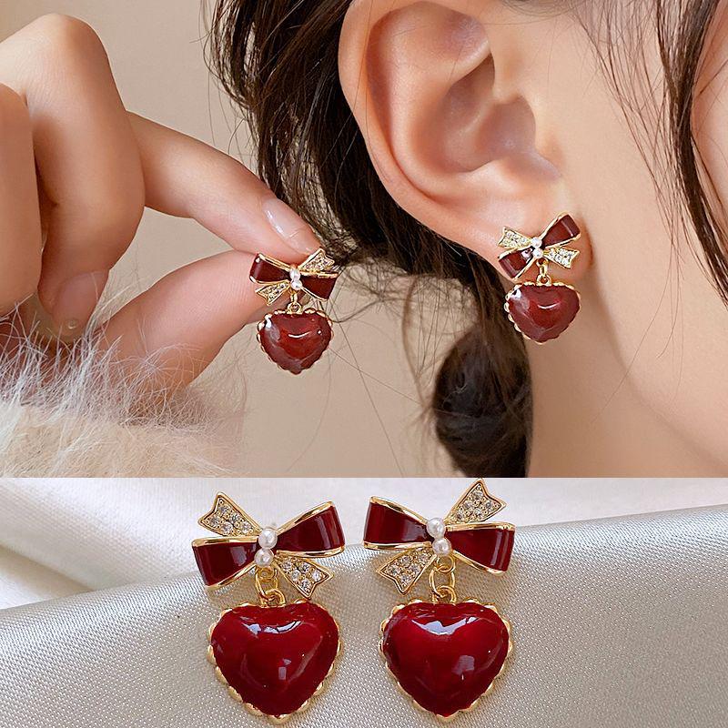 Red Bow Heart Earrings: Women's Chic Luxury, Unique & Exquisite Douyin Trend
