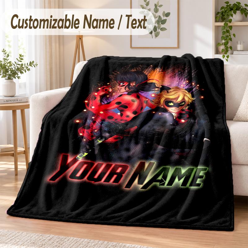 Miraculous Ladybug Custom Name Flannel Throw Blanket Soft Warm for Sofa Bed Indoor Home Use