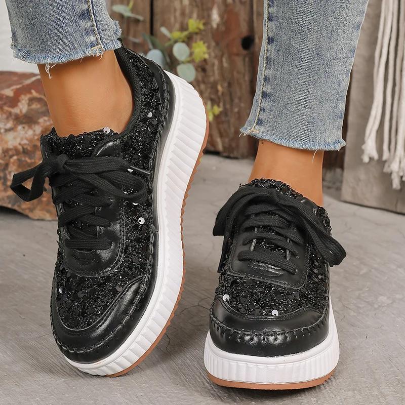 Fashion Fashion Glitter Platform Sneakers for Women 2025 Spring Lace Up Pink Sports Shoes Woman Plus Size 43 Thick Bottom Walking Shoes