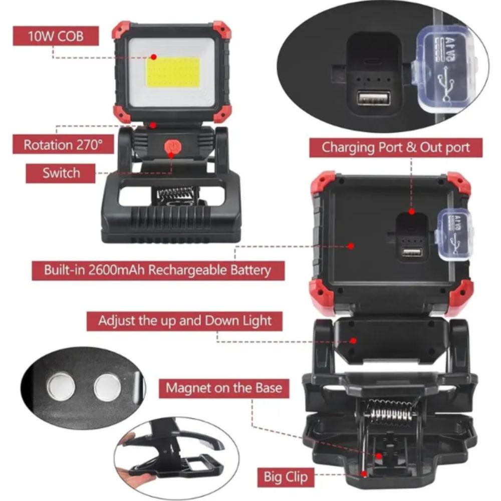 Super Bright LED Work Light Waterproof Cordless Rechargeable Work Light 3 Light Modes 180° Rotation Portable Work Light
