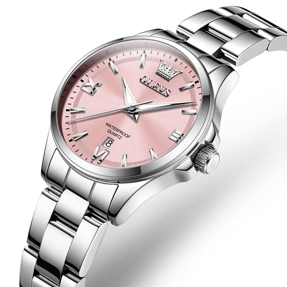 OLEVS Women's Quartz Watch, Cute, Lightweight, Stainless Steel, Waterproof, Luminous, Gift, Pink
