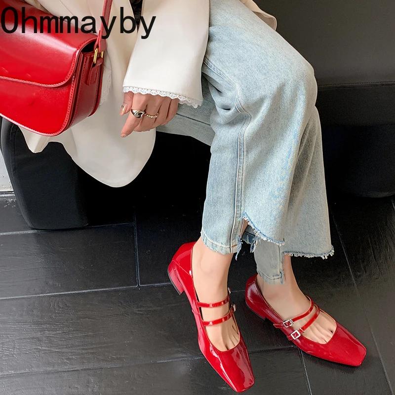 Spring Women Mary Jane Shoes Ladies Fashion Shallow Square Toe Thick High Heel Women's Elegant Red Ballerinas Shoes