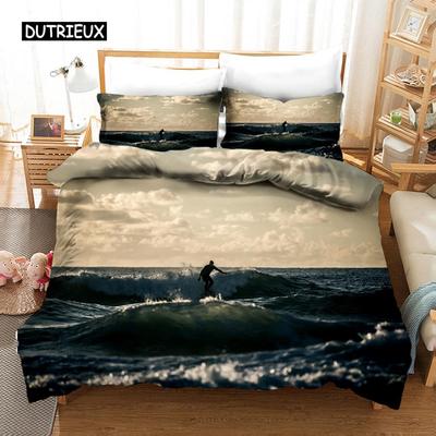 Set Copripiumino Surf Tavole da Surf Gioventù Tema Sport Oceanico Set Biancheria da Letto Per Adolescenti Poliestere Onde Surf Oceano Queen Copripiumino