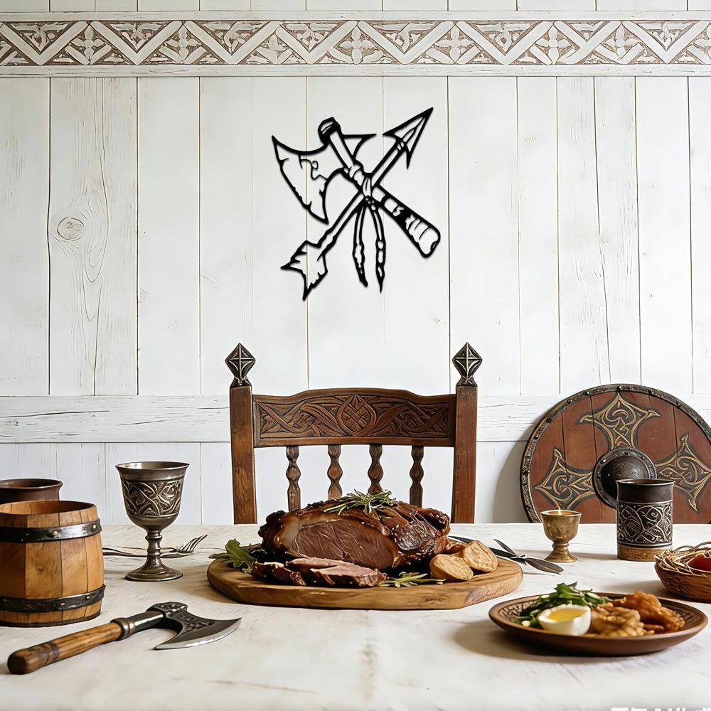 Metal Arrow Wall Art Native American Viking Decor Axe with Arrows Black Rustproof Home Decor 12.5x11 inch for Living Room Office Garden