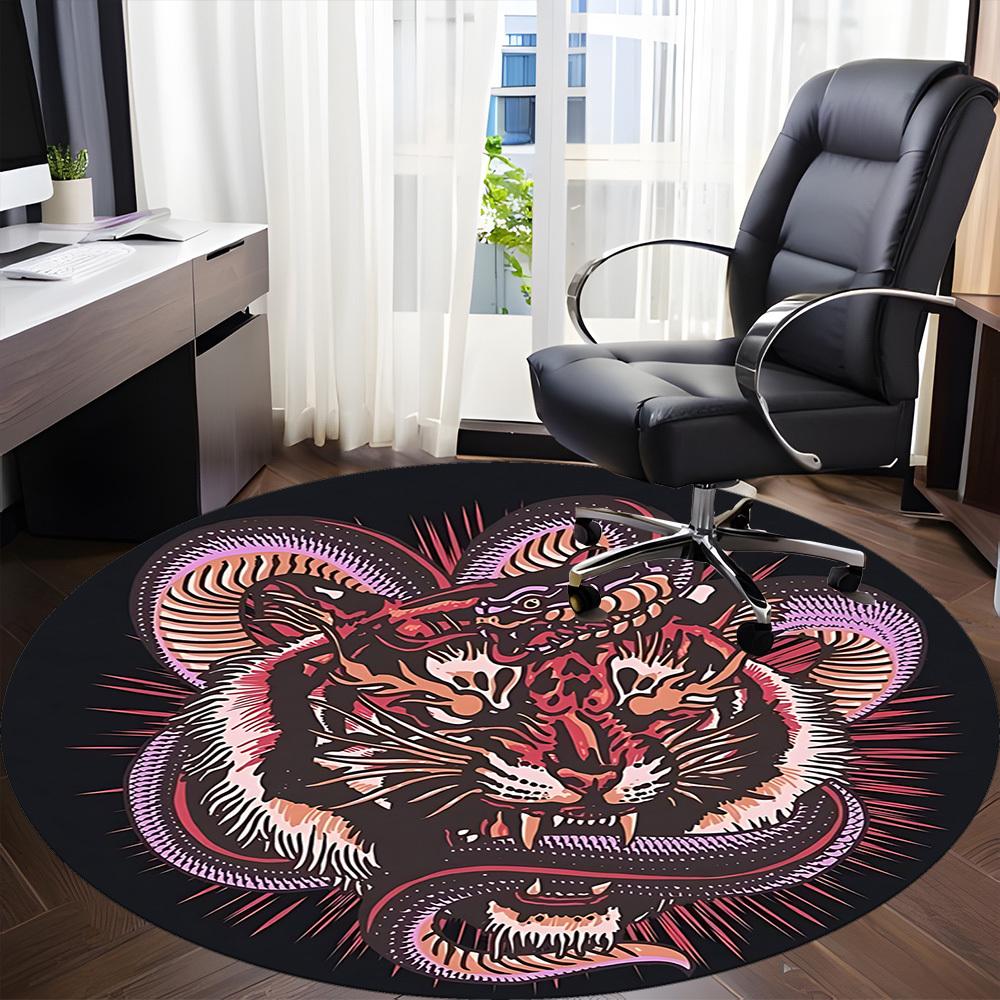 1pc Tiger Snake Design Chair Carpet for Office, Round Non Slip Durable Large Size Office Carpet, Suitable for Office