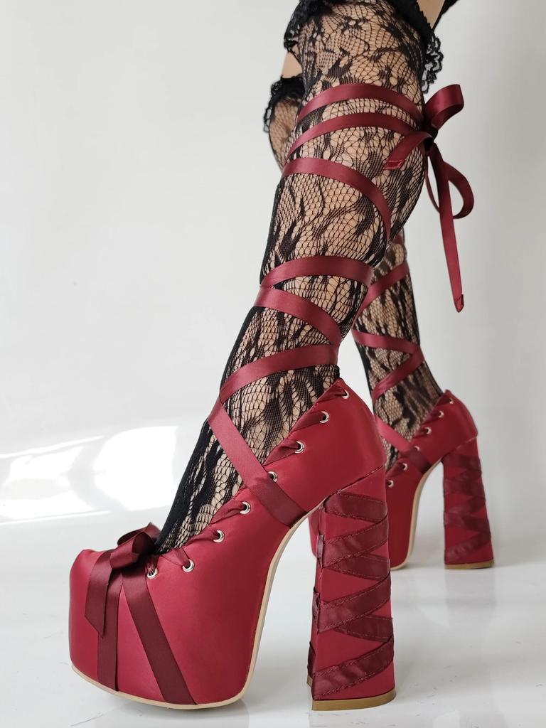 2025 Nuevas Sandalias Lolita Rosas Dulces de Plataforma con Tiras Tacón Grueso Talla Grande 47 Zapatos de Salón de Mujer Satén Lazo Cordones Sandalias de Moda
