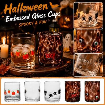 Pressed Flower Dot Glass Cup with Pumpkin Pattern for Halloween Theme Handcrafted Embossed Design Reusable Drinkware for Home Office Parties