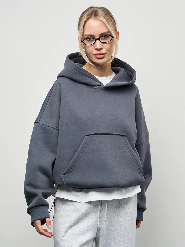 Felpa da donna casual a tinta unita con cappuccio, vestibilità aderente, manica lunga, manica corta, pullover, felpa con cappuccio e tasca