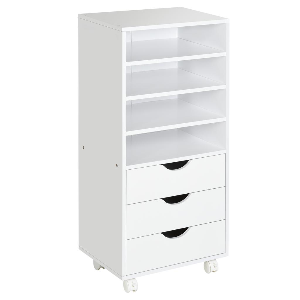 Office Drawer Unit, 3 Drawers, 4 Open Shelves, Wheels, 38 x 40 x 86.8 cm, White