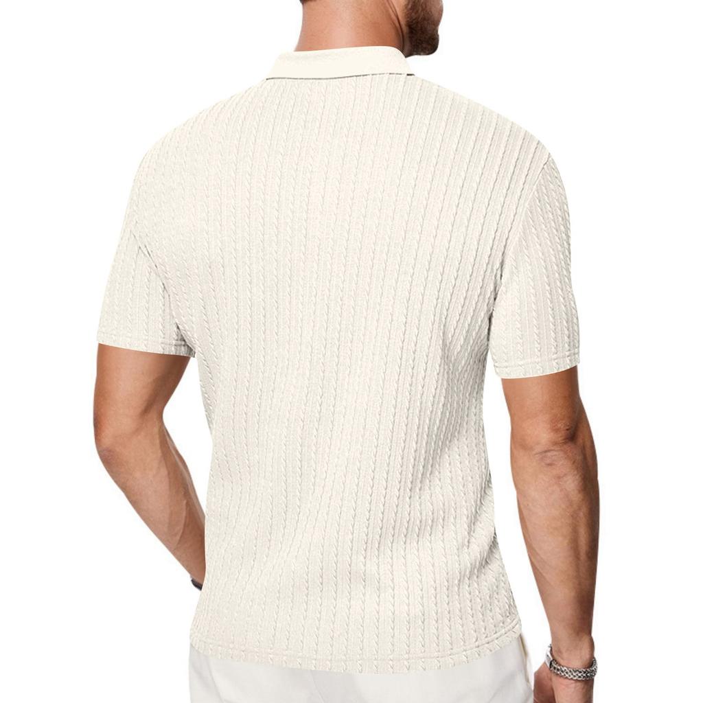 Men's Loose Fit Knitted Jacquard Short Sleeve Polo Shirt Button Front Casual Business Lightweight Summer Top