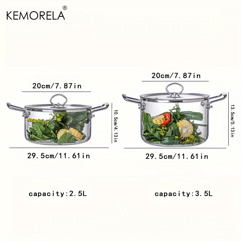 KEMORELA 1 PIÈCE Casserole en Verre 2,5 L / 3,5 L Résistante à la Chaleur Casserole à Mijoter Poignées Doubles Casseroles avec Couvercle Ustensiles de Cuisine en Verre Borosilicaté