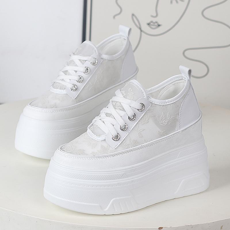 

Мода 12 см Воздушная сетка Новые Натуральная синтетическая кожа Туфли-лодочки Платформа Танкетка Летние Полые Сандалии Массивные Кроссовки Женская Модная Обувь 37 белый