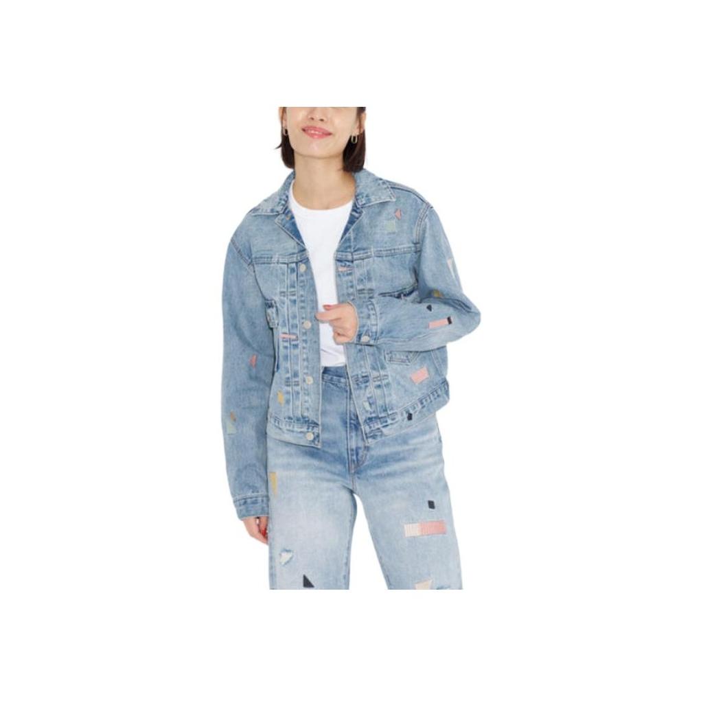 Levis Collared Pattern Printed Embroidered Button Loose Long Sleeve Cropped Denim Jacket Women Jackets Indigo A5884-0001