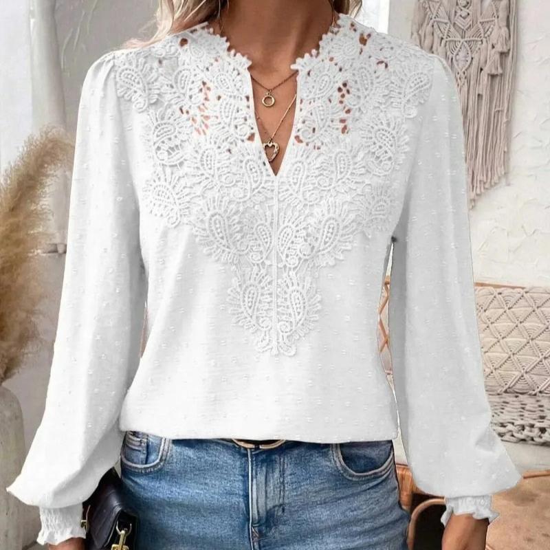 Mote Ny V-hals Blonder Patchwork Langermet Casual Skjorte Dame Topper Elegant Slim Fit Hul Løs Bluser Dame Vintage Street Hvite Skjorter 26625