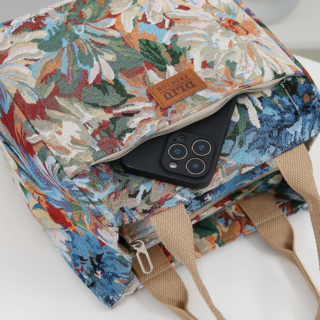 Thick Fabric with Floral Pattern, Handbag, Lunch Bag, Lunch Box Storage Bag, Portable Shopping Bag, Everyday Miscellaneous Bag