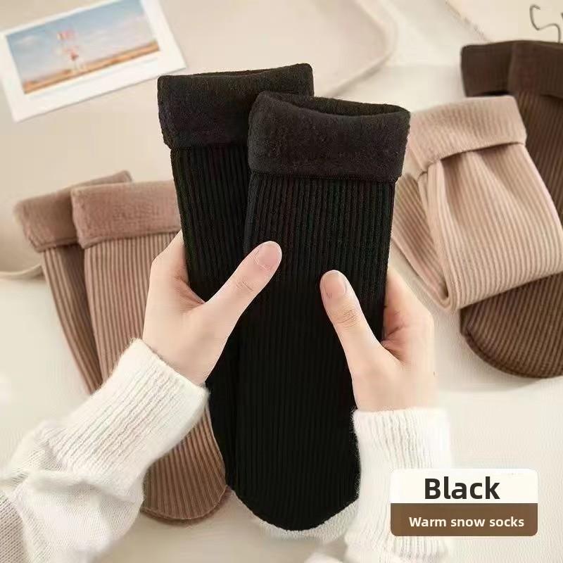 5-1 Pairs Ladies' Autumn and Winter Thick Warm Floor Socks, Plus Size Vertical Stripe Snow Socks, Tube Style Fleece Lined Warm Socks