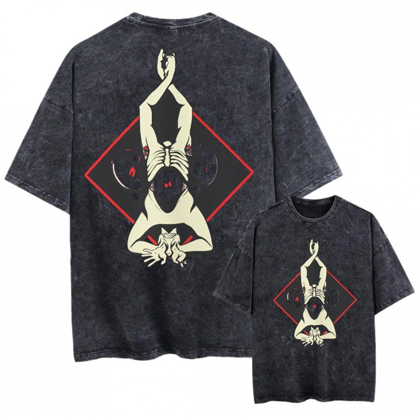 

Retro Washed Loose Black Tshirt with Skull Yoga Diamond Six Wing Angel Pattern Unisex Short Sleeved Design M