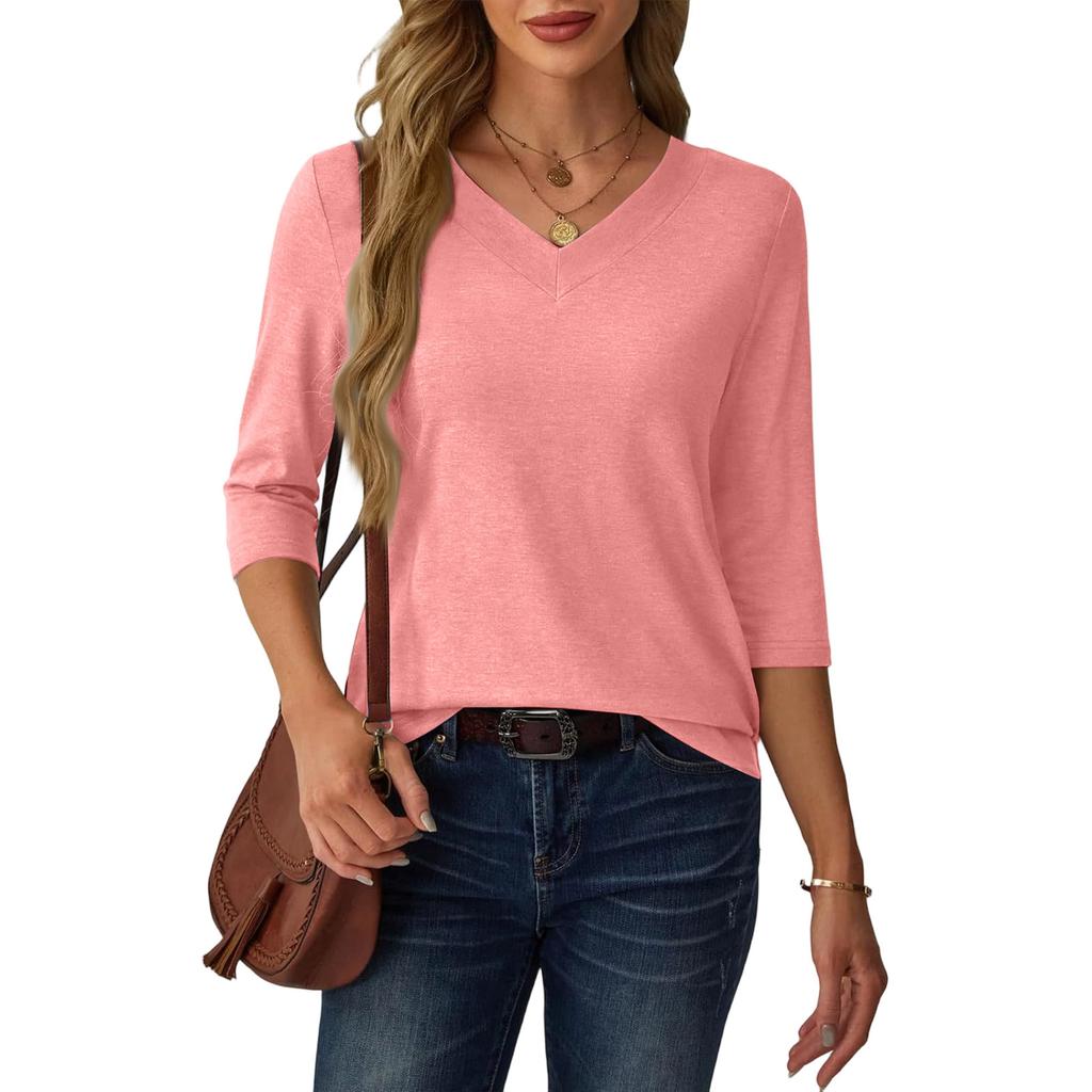 Women's Casual Loose Fit V Neck Pullover Top Three Quarter Sleeve Lightweight Blouse for Everyday Wear