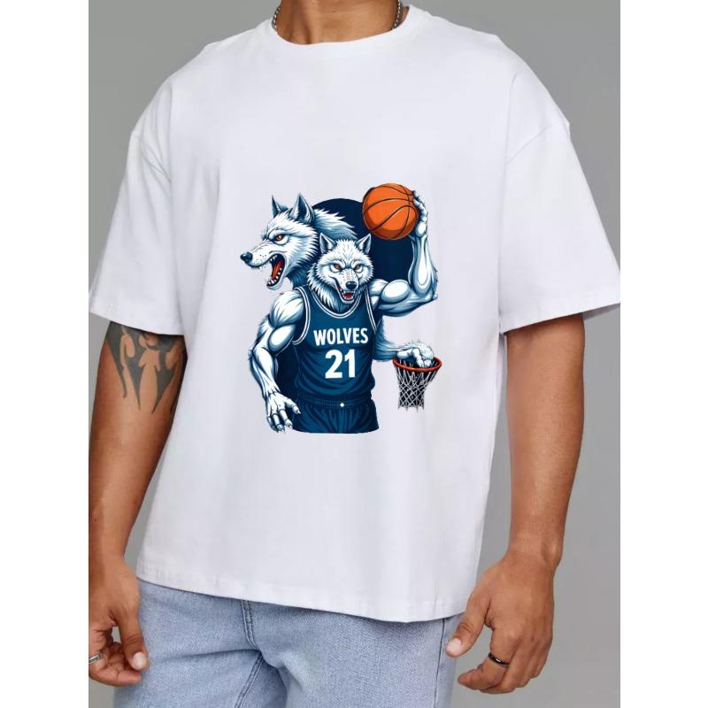 White T-Shirt Wolves Basketball Team 21 Number Graphic Print for Sports Fans Casual Wear