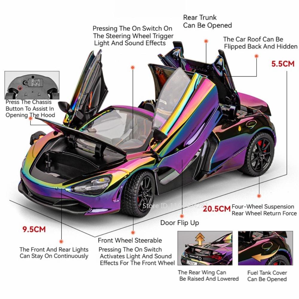 1:24 Pagani Huayra Dinastia 720s Miniature Sportscar Model Diecast Alloy Toys Doors Opened Sound Light Pull Back Vehice Boy Gift