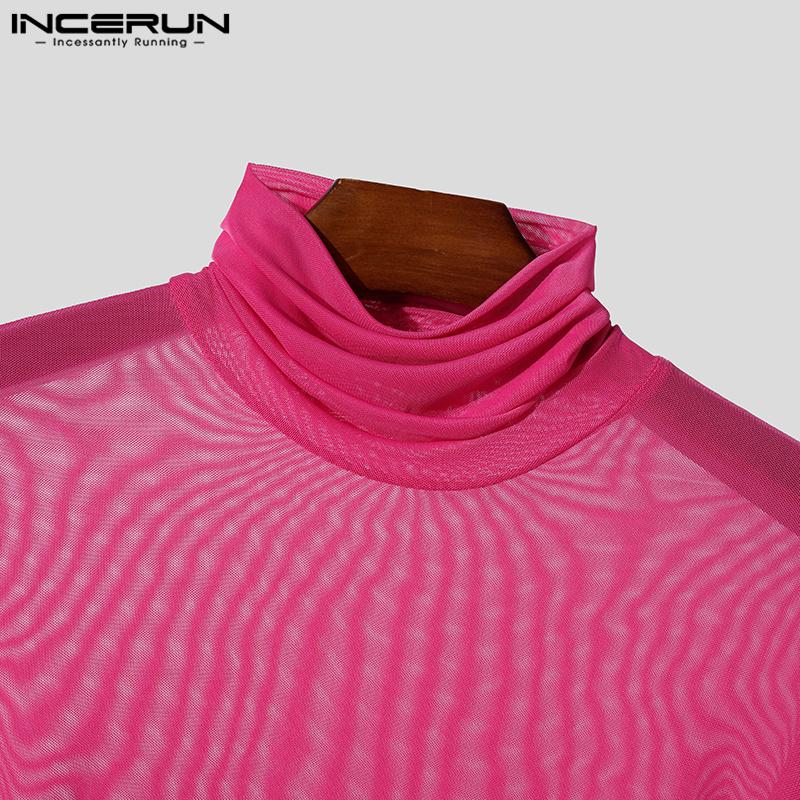 INCERUN Men High Neck Long Sleeve Ruffled See Through Tops Club Party Mesh Irregular T-Shirts