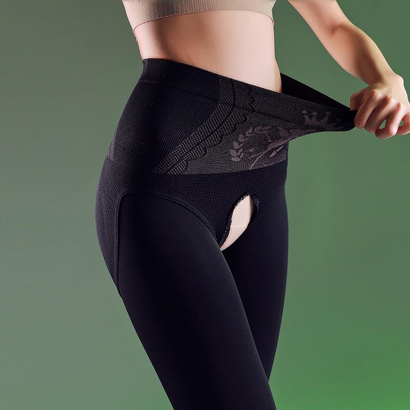 Huaxianzi High Waist Tummy Control Open Crotch Fleece-Lined Leggings for Women - Nude Look, Warm for Autumn/Winter.