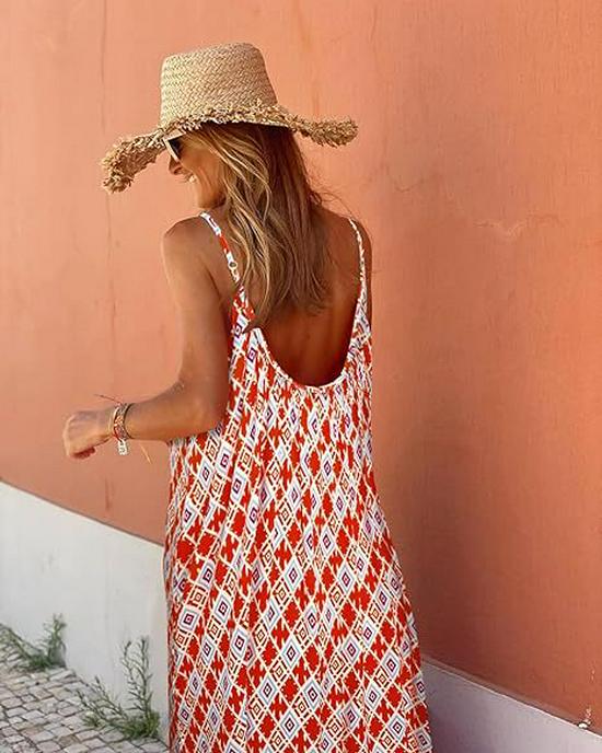 Bohemian Ruffle Edge Spaghetti Strap V-Neck Long Dress