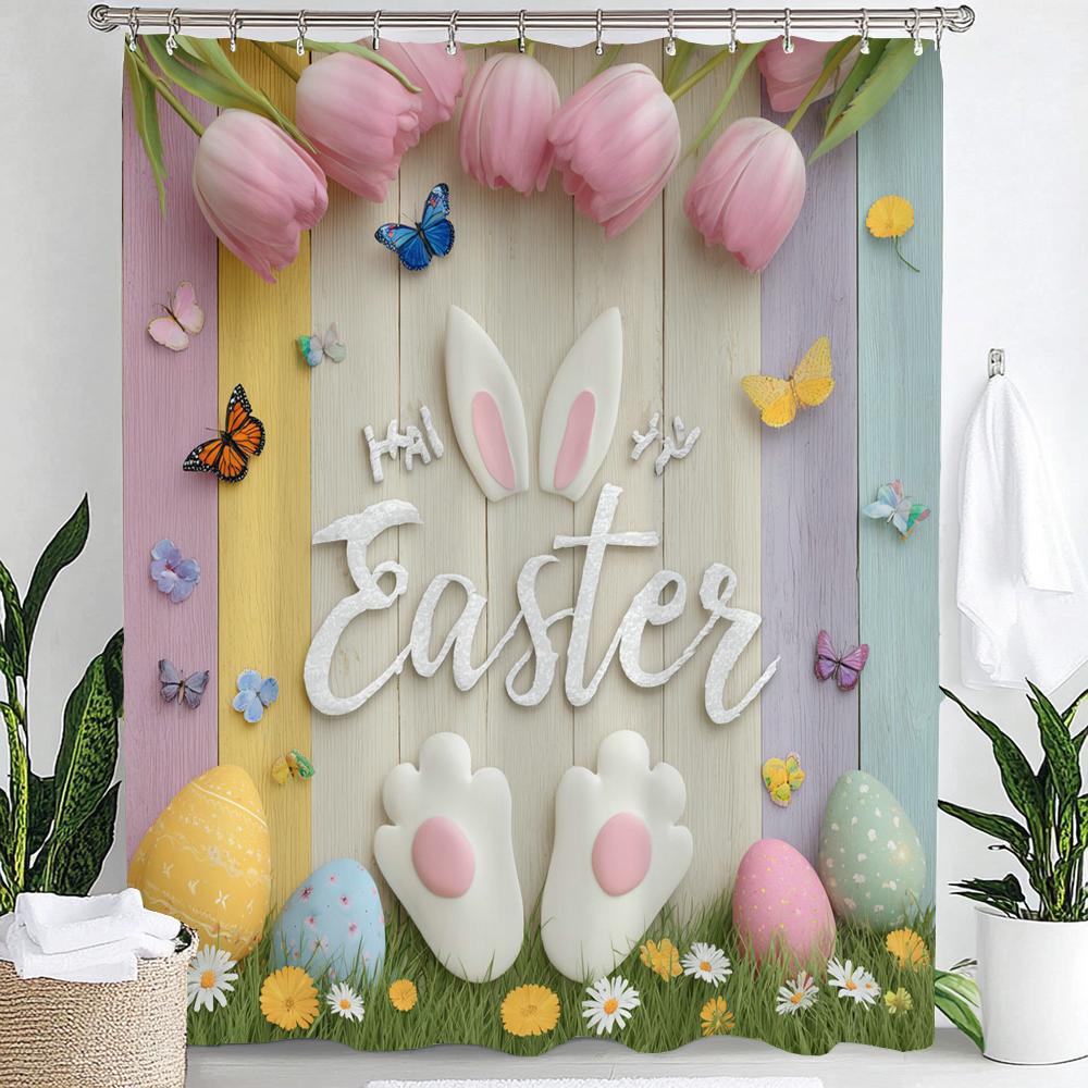 Happy Easter Eggs Cartoon Waterproof Shower Curtain Bathroom Curtain,Hanging Curtain 12 Hooks Decoration Machine Washable