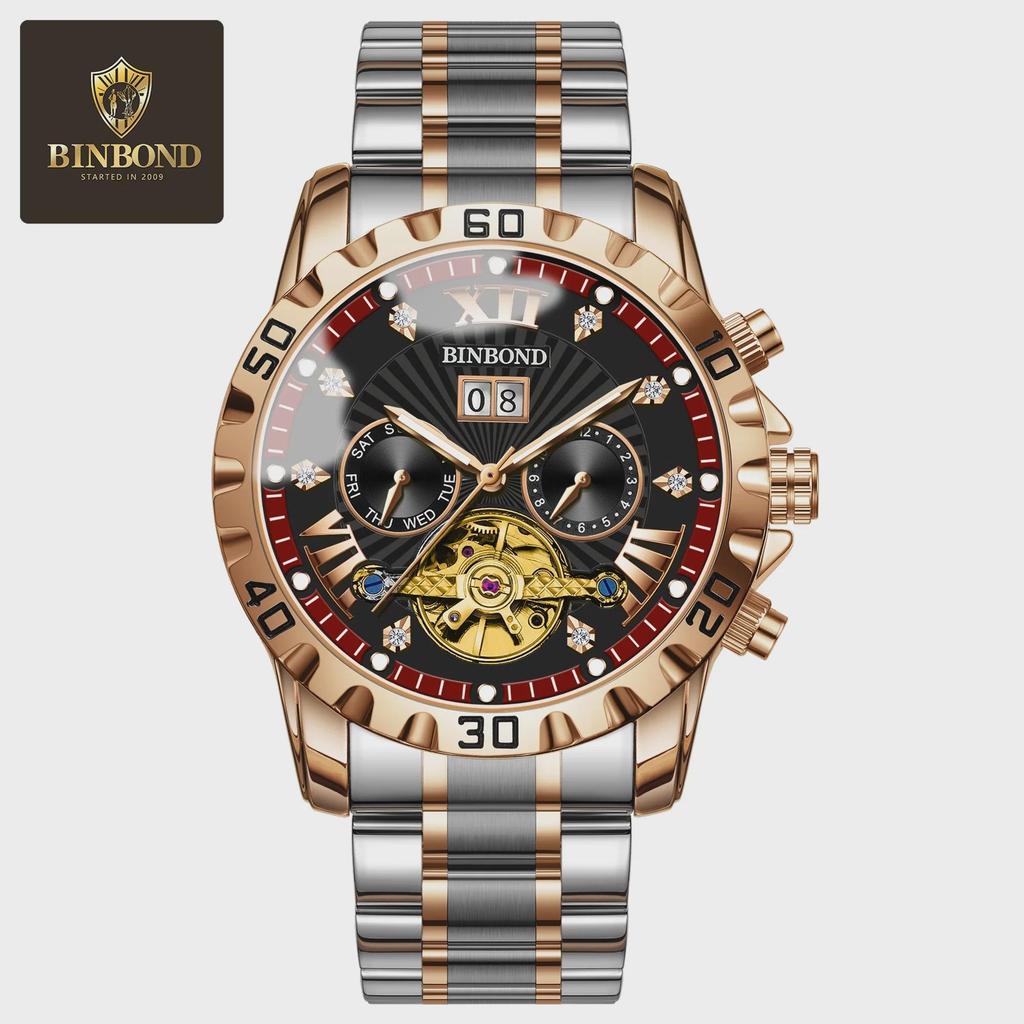 BINBOND Fashion Tourbillon Automatic Watch Men Luxury Skeleton Mechanical Wristwatch Stainless Steel Wristwatches