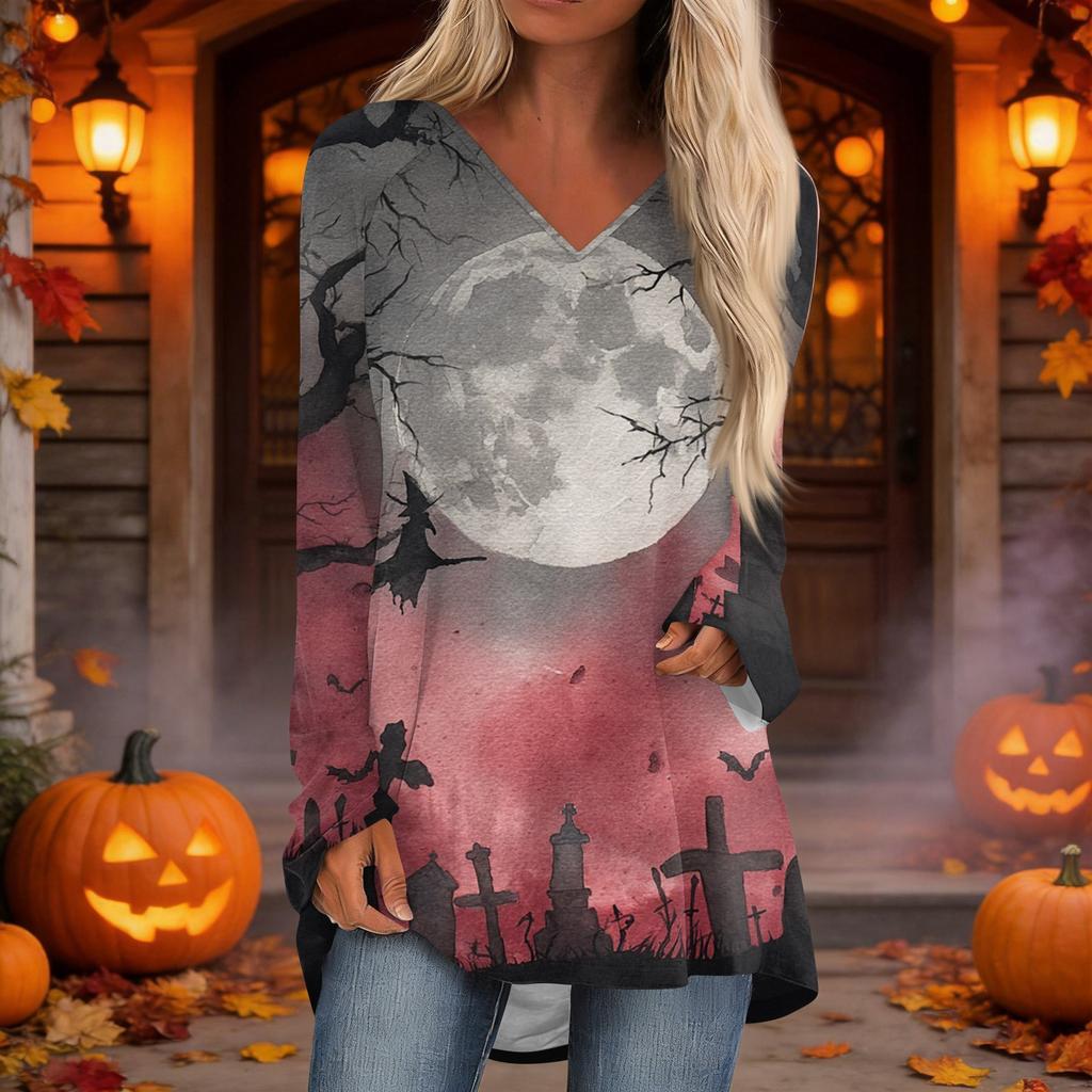 Women's Casual Long Sleeve V-Neck Print Mid-Length Tunic Top