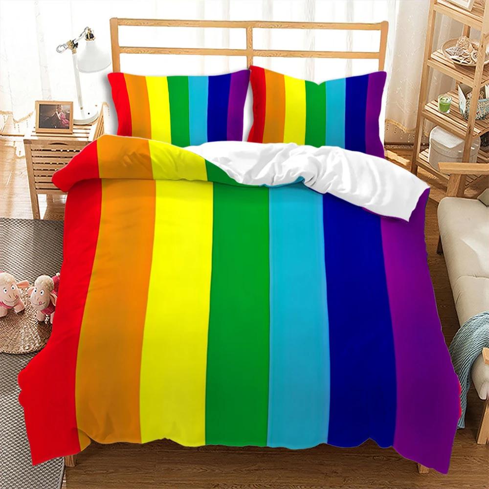 Colorful Stripes Rainbow Bedding Set Soft Comfortable And Breathable Duvet Cover Set 3Pcs Bedclothes Wonderful Gift For Children