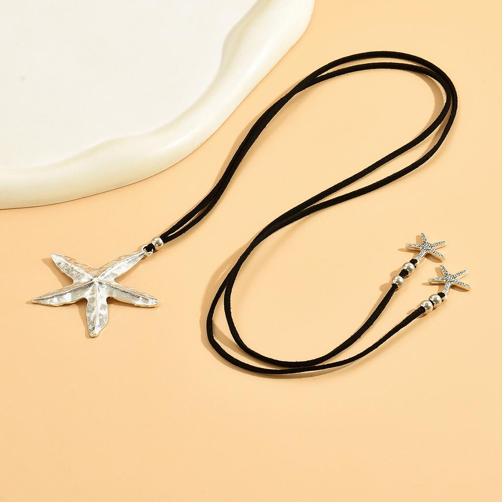 Bohemian Alloy Starfish Pendant Necklace, Fashionable Retro Exaggerated Personality Leather Collarbone Chain Necklace