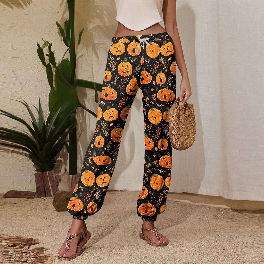 Women's Halloween Print Casual Jogger Pants with Drawstring Elastic Waist and Cuffed Hem