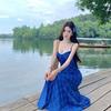 Travel and Vacation Wear Retro Blue Plaid Suspender Dress Design Sense Niche Waist Temperament Long Dress Summer