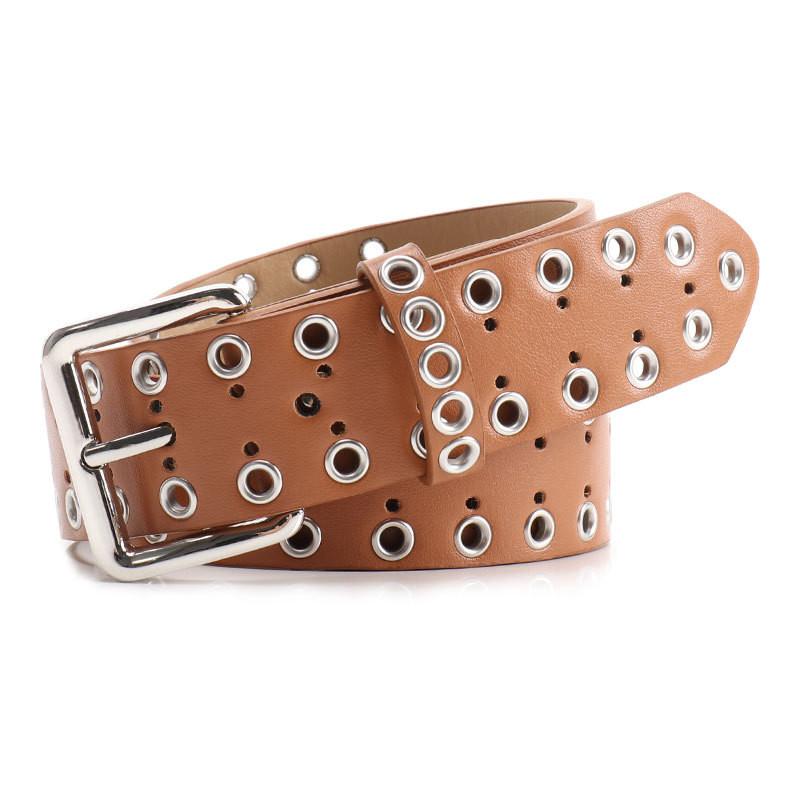 Hollowed Metal Women Leather Belt With Solid Color And Alloy Buckle Fashion