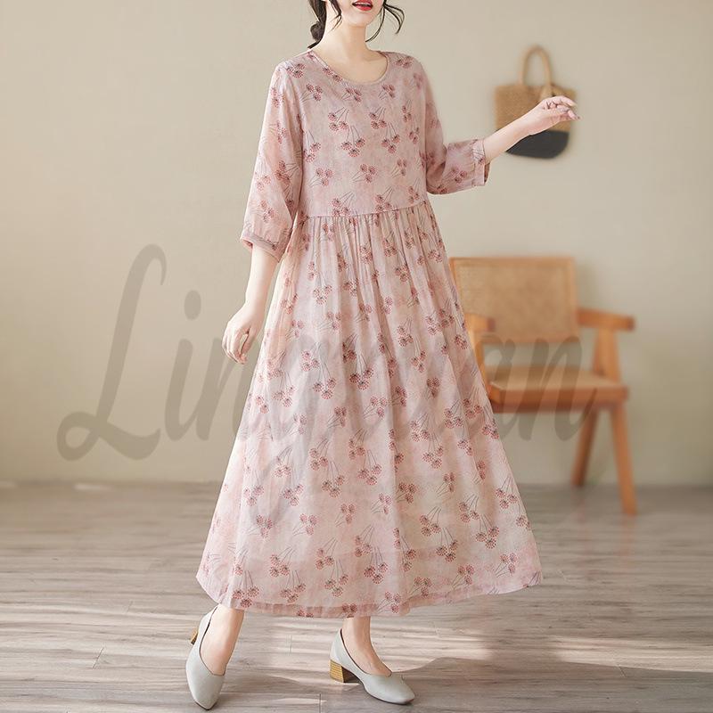 Women s Fairy-Like Cotton and Linen Printed Dress with Wide Hem and Round Neck L