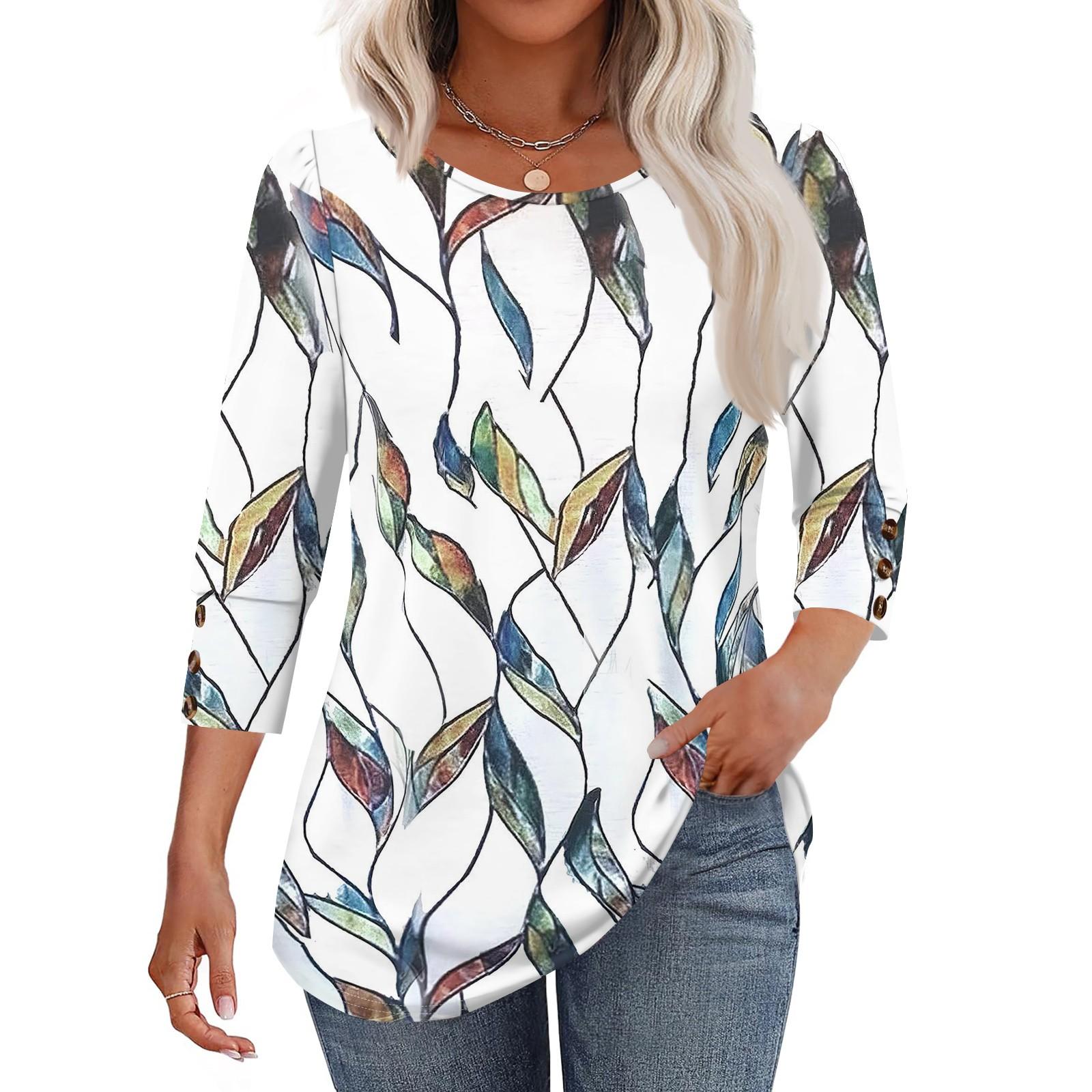 

Women s Fashion Casual Vintage Floral Print Round Neck Sevenfold Sleeve T-shirt Top XL