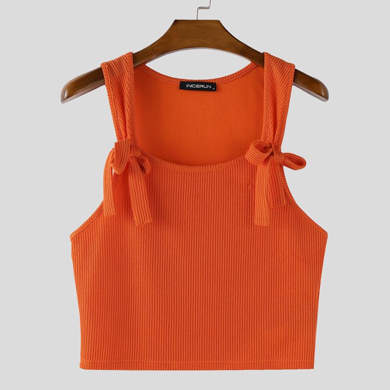 

INCERUN Men U Neck Bow Knot Strap Sleeveless Rib Cropped Tank Tops 2XL оранжевый