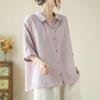 Casual Loose and Thin Cotton and Linen Thin Short-sleeved Shirt Top Summer New Versatile Solid Color POLO Neck Cardigan Women