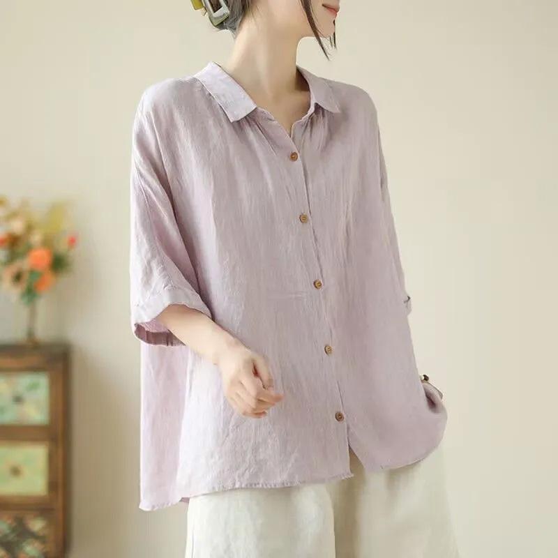 Casual Loose and Thin Cotton and Linen Thin Short-sleeved Shirt Top Summer New Versatile Solid Color POLO Neck Cardigan Women