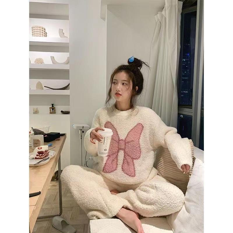 

Женские зимние теплые пижамные комплекты, удобные, с длинными рукавами, с принтом, цветной жаккардовый утолщенный свободный флисовый пуловер, комплект из 2 предметов XXL