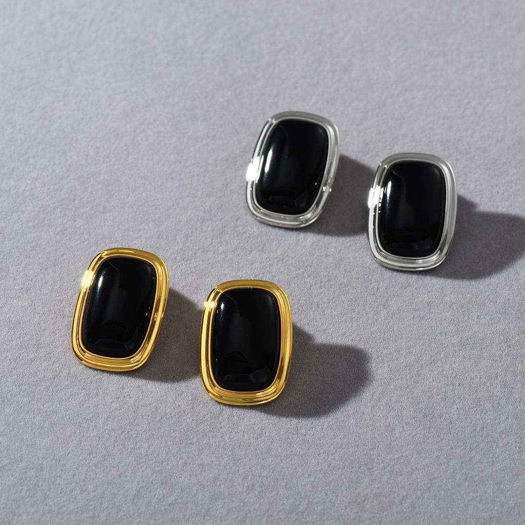 French Romantic Brass Plated 18K Real Gold Inlaid Black Agate Niche 925 Silver Needle Stud Earrings Light Luxury Earrings