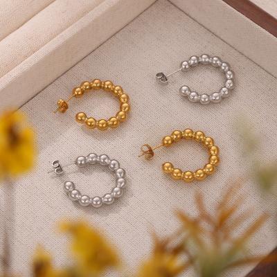 Wind Fashion New Niche Simple Wind Titanium Steel Gold-Plated Bead Splicing C-Shaped Geometric Earrings Jewelry