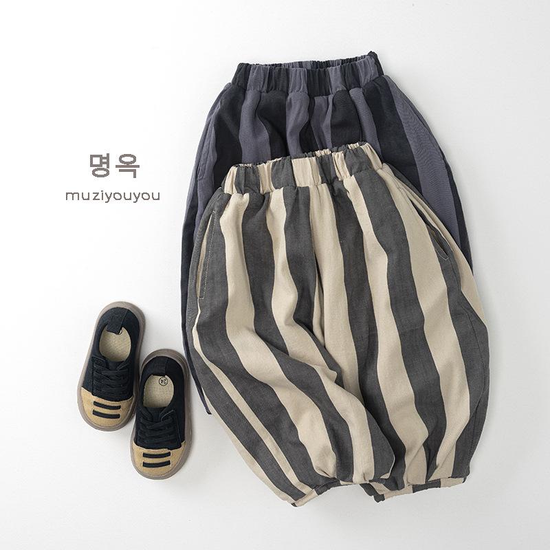 Korean Style Unisex Kids Striped Thickened Fleece Loose Wide Leg Trousers
