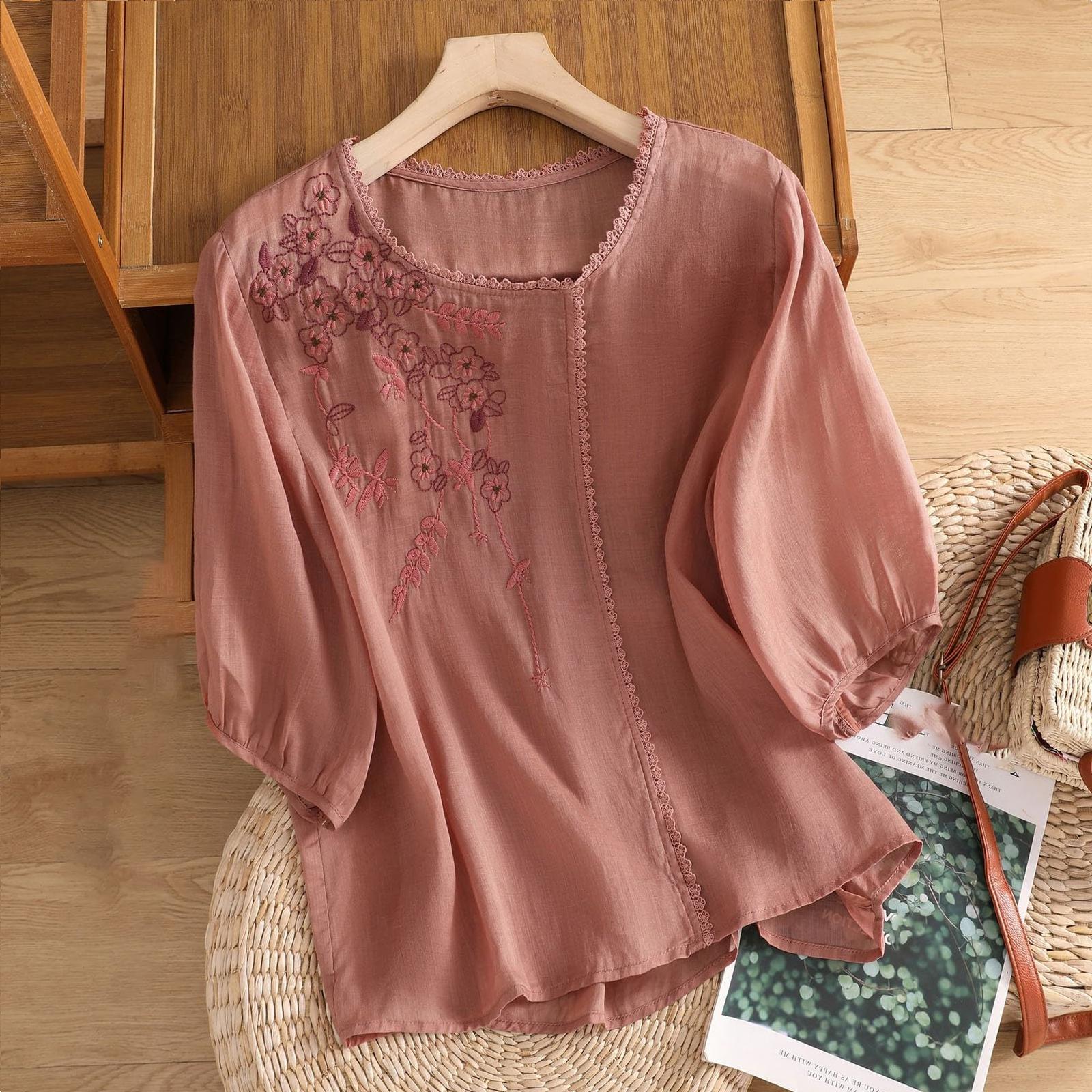 Women s Cotton And Linen Embroidered Loose Retro Round Neck Pullover Top XL