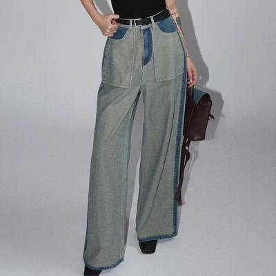 Fashion Temperament Jeans, Trousers, Women's Spring New Products, Casual Splicing, Contrasting Color Design, Straight Jeans