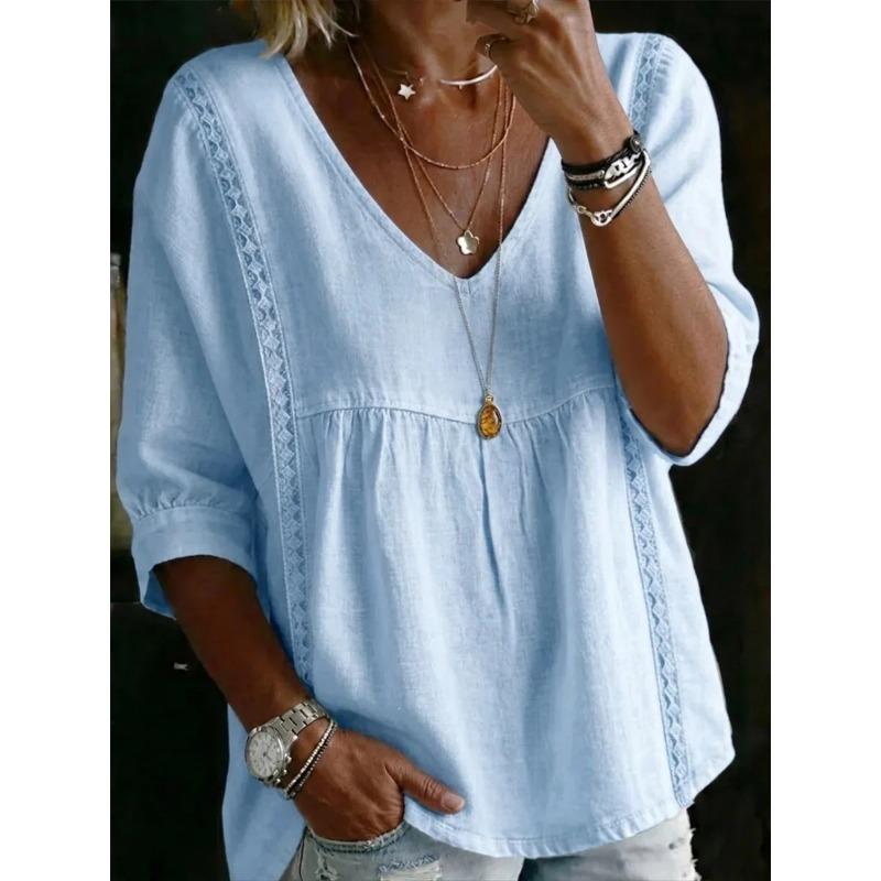 Women's Cross-Border  Fashion Lace V-Neck Pullover Solid Color Casual Three-Quarter Sleeve Blouse